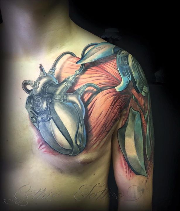 3D heart and muscles bio mechanical tattoo on chest