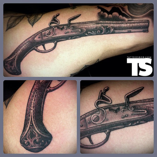 Amazing Antique Pistol Tattoo by Tim Hendricks