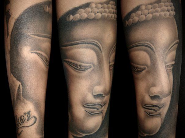 Amazing Black & White Buddha Tattoo On arm