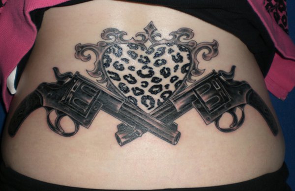 Amazing Tattoo of Crossed Pistol with Heart Shaped Antique Designed Mirror