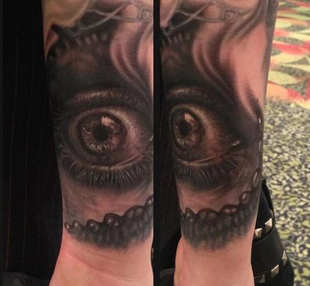 Amazing black and grey eye tattoo on arm