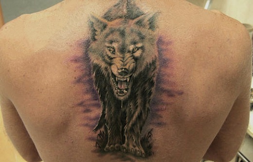 Angry wolf tattoo on back representing anger & rebelliousness