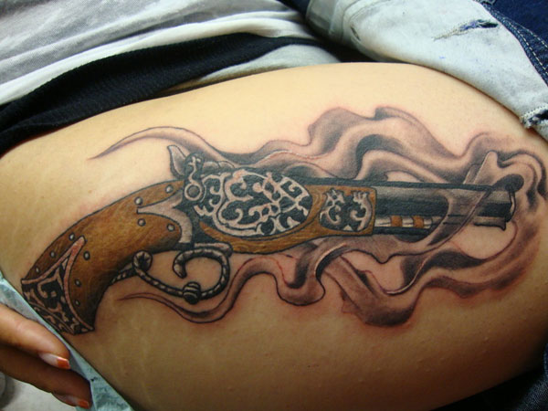 Antique Pistol With Wooden Handle Mexican Gangster Tattoo