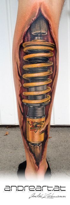 Awesome 3D Shock Absorber Tattoo On Leg