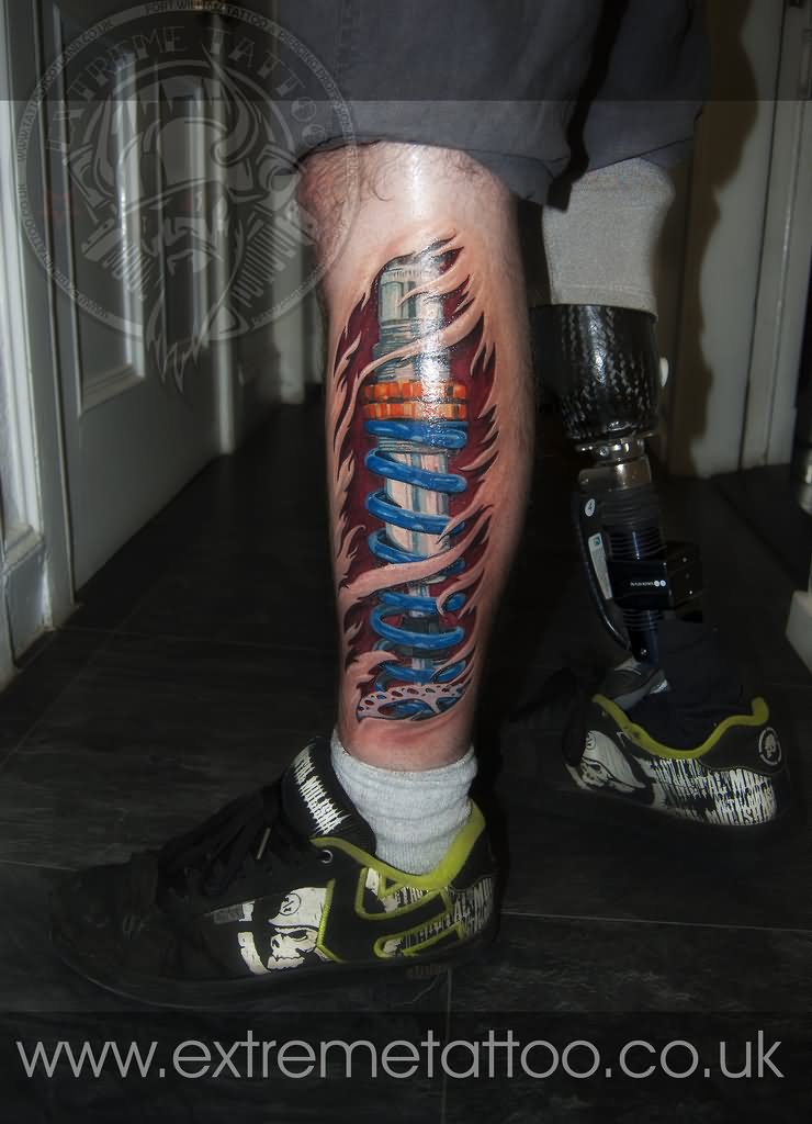 Awesome Shock Absorber Tattoo On Leg By ExtremeTattoo U.K.
