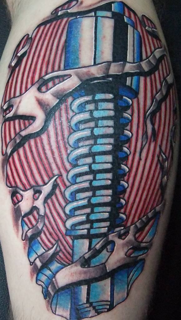Awesome Shock Absorber and Biomechanical Tattoo On leg by Boris Schormann