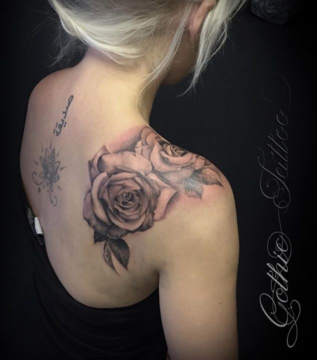 Black Ink Rose Tattoo On Shoulder by Gothic Tattoo, UK