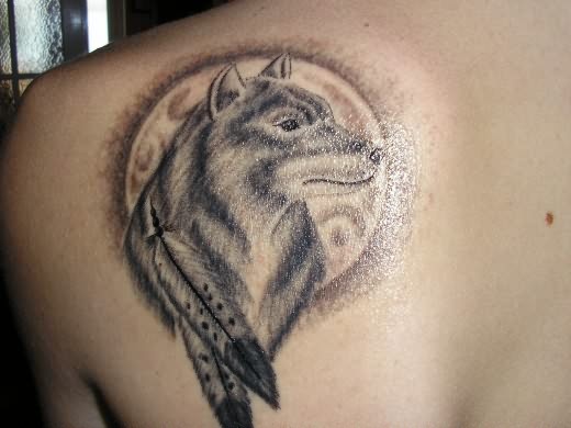 Black Ink Wolf, Full Moon and Feathers Tattoo On Back
