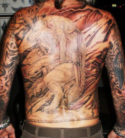 Black Ink Wolf Tattoo On Whole Back