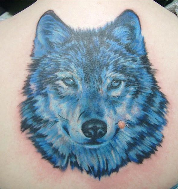Blue & black inked wolf face tattoo on back