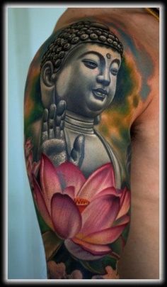 Buddha and Lotus flower tattoo on right arm