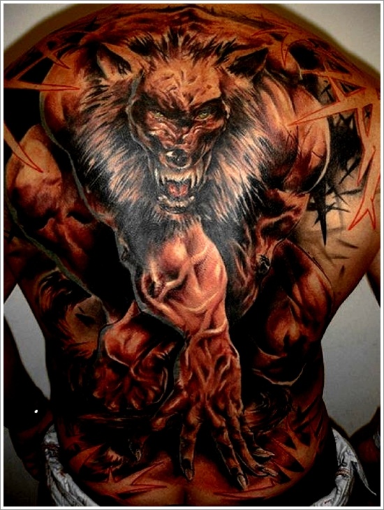 Colored Evil Wolf Tattoo On Full Back