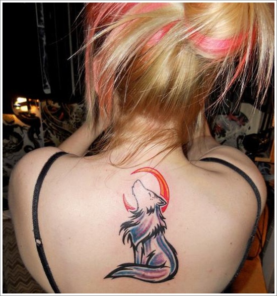 Colorful Howling Wolf Tattoo On Girl's Back