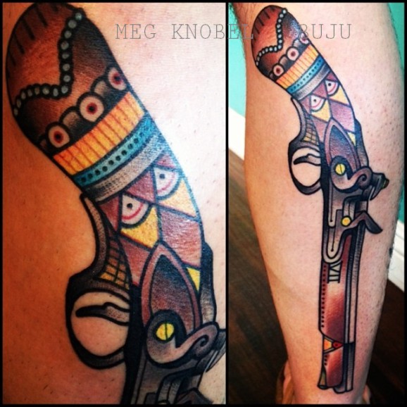 Colorful Pistol Tattoo By Meg Knobel