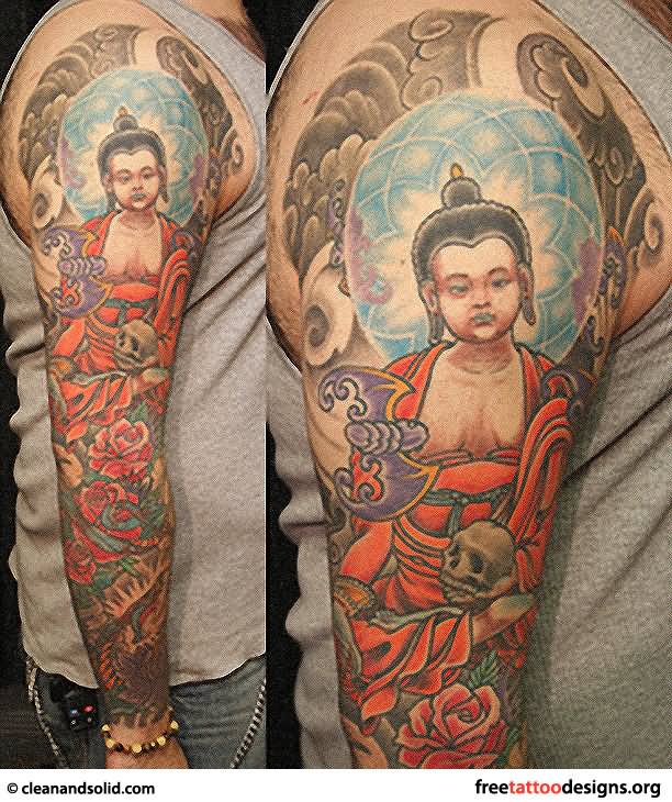 Colorful Young Buddha tattoo on full arm