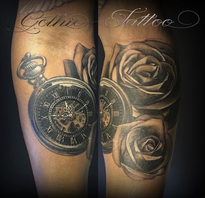 Complete View of Pocket Watch with Roses Tattoo on Arm by Gothic Tattoo, UK