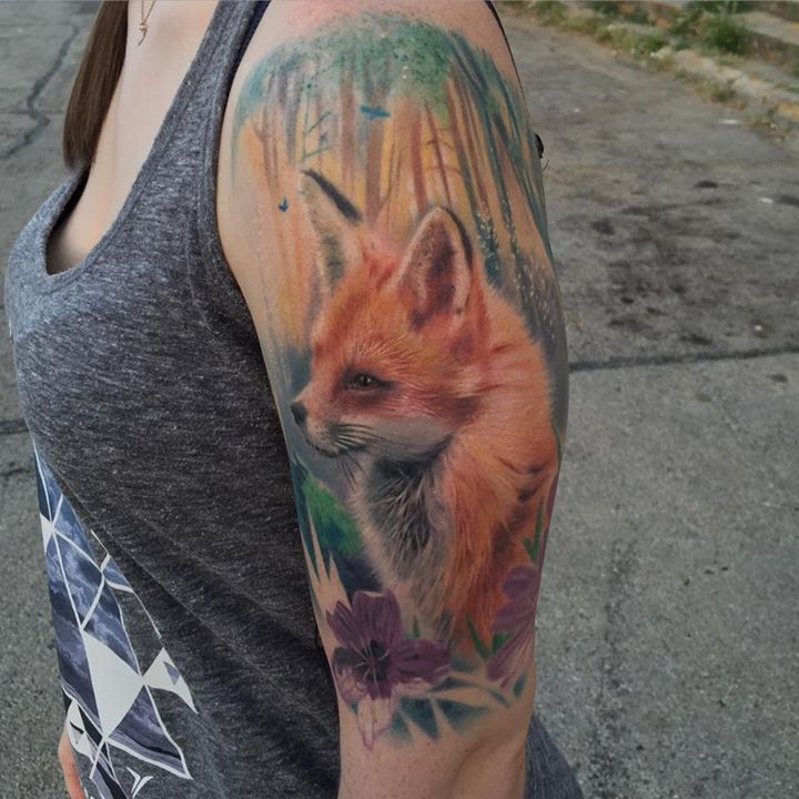 Cute little fox tattoo on half sleeve by Francisco Sanchez