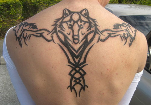 Cute tribal wolf tattoo on back