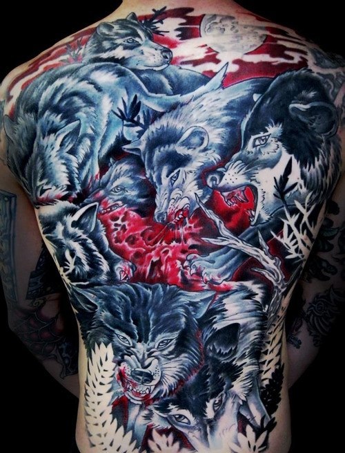 Evil faced wolves tattoos on back representing danger, wilderness and cruelty