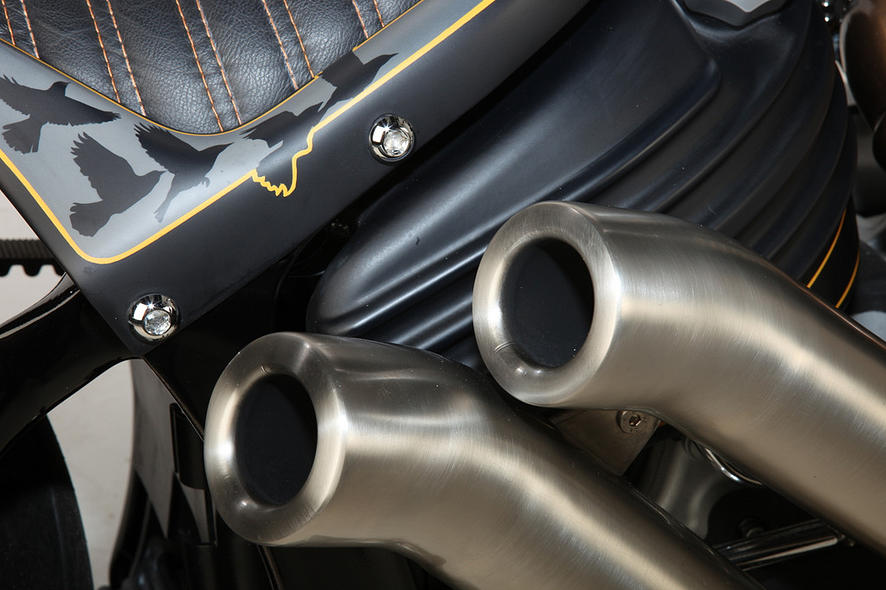 Exhaust Pipes of Custom Harley Davidson Rocker C - Blackbird by Rocket Bobs