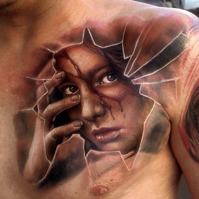 Fabulous 3D Portrait Tattoo On Chest by Samantha Barber