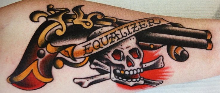 Flintlock & Skull Tattoo on Forearm