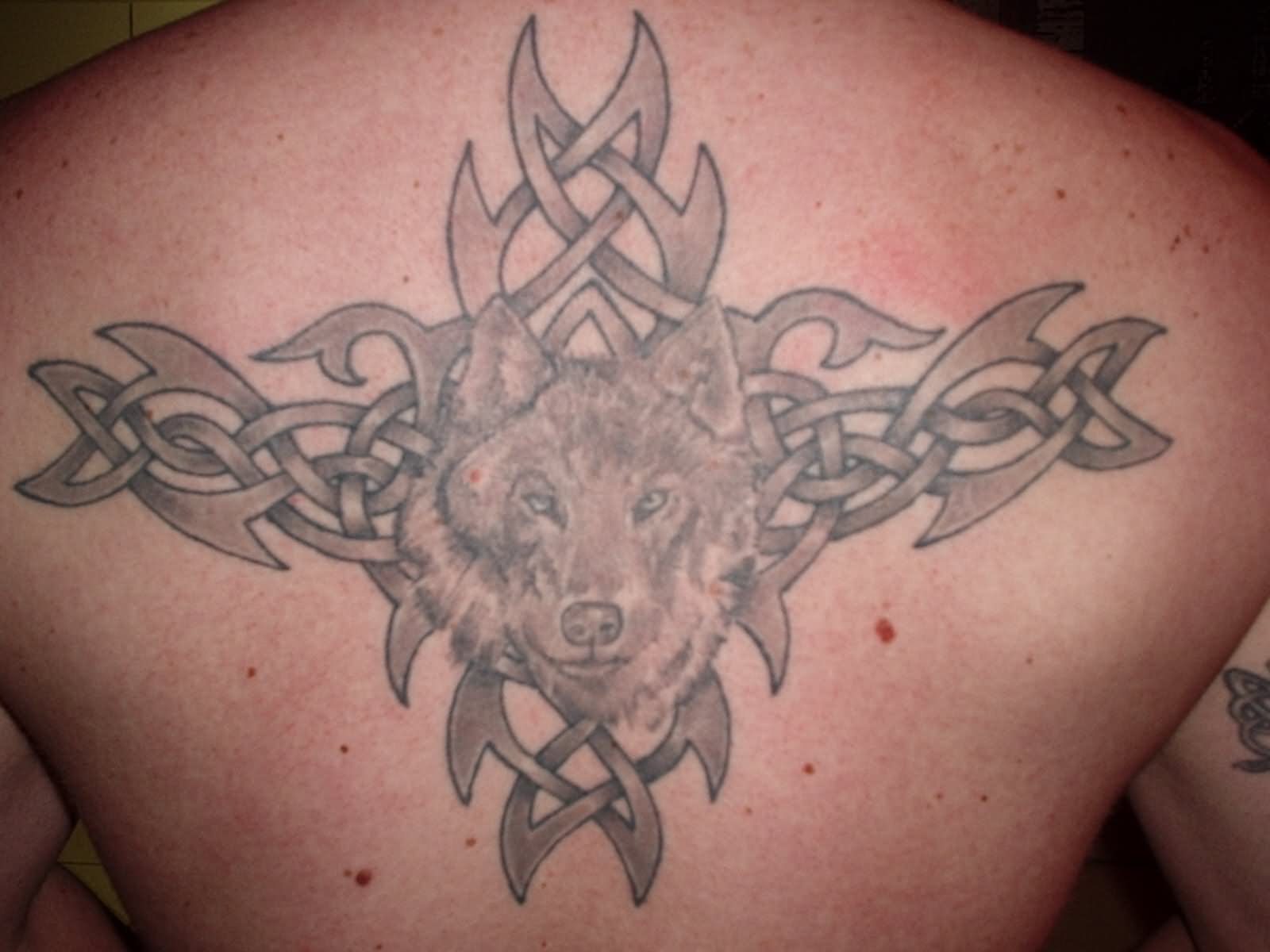 Grey Ink Tribal Designed Wolf Face Tattoo On Back