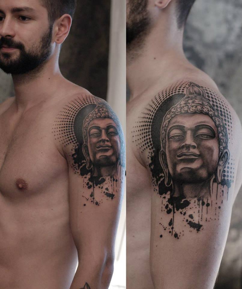 Halftone Buddha Head Tattoo On Arm by stateofgrace