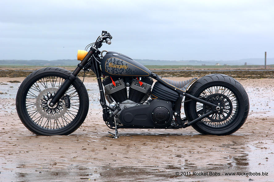 Left Side View Of Custom Harley Davidson Rocker C - Blackbird by Rocket Bobs