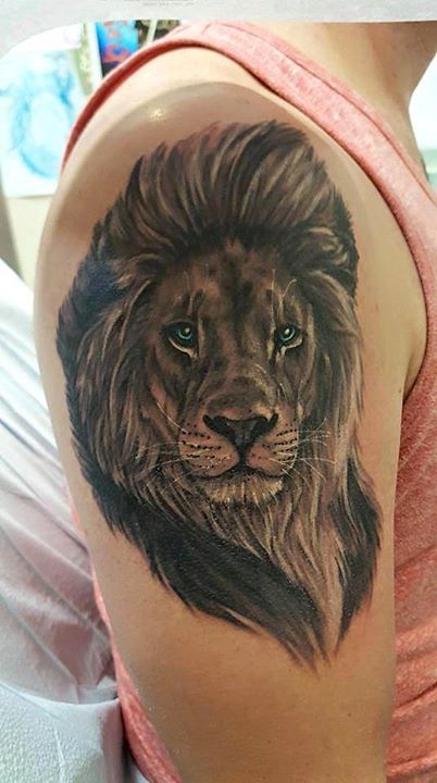 Lion Tattoo On Half Sleeve by Chantelle Tousignant