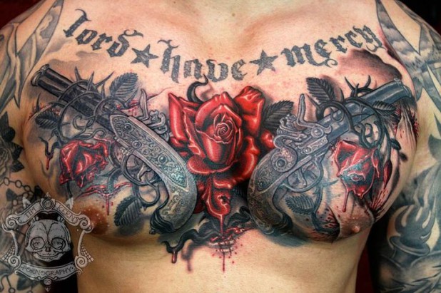 Lord Have Mercy - Guns and Roses Tattoo On Chest by Tim Kern