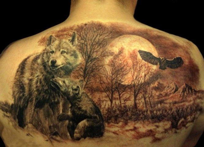 Lovely wolves and wildlife tattoo on back representing family love and 