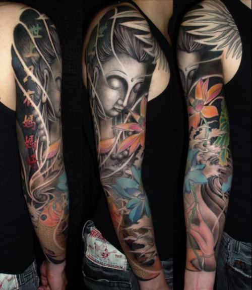 Most Beautiful colorful buddha tattoo on full arm