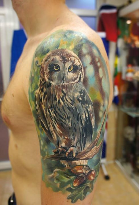Owl sitting on tree branch tattoo on shoulder by Andrey Barkov Grimmy3D