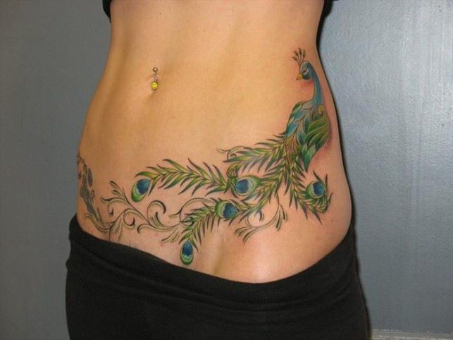 Peacock tattoo to cover tummy tuck scars