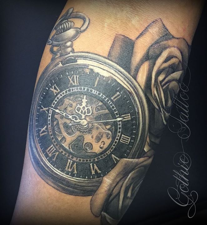 Pocket Watch with Roses Tattoo on Arm by Gothic Tattoo, UK