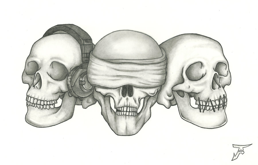 See no evil, Hear no evil, Speak no evil skull tattoo design (11)