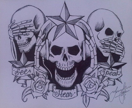 See no evil, Hear no evil, Speak no evil skull tattoo design (14)