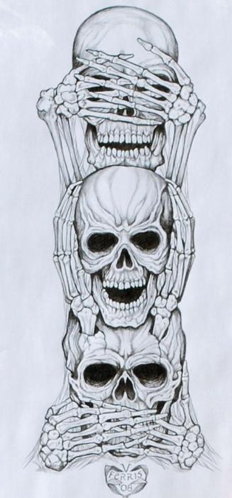 See no evil, Hear no evil, Speak no evil skull tattoo design (16)