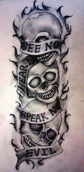 See no evil, Hear no evil, Speak no evil skull tattoo design (18)