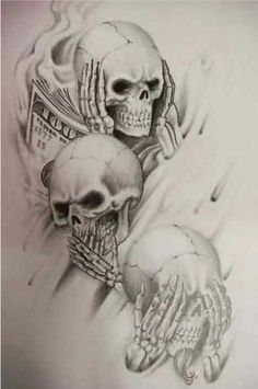 See no evil, Hear no evil, Speak no evil skull tattoo design (3)