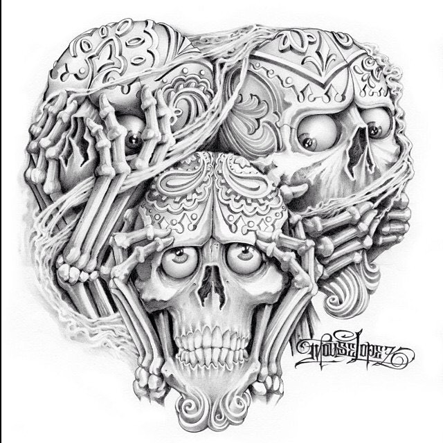 See no evil, Hear no evil, Speak no evil skull tattoo design (6)