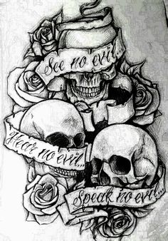 See no evil, Hear no evil, Speak no evil skull tattoo design (8)
