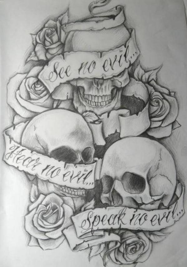 See no evil, Hear no evil, Speak no evil skull tattoo design (9)