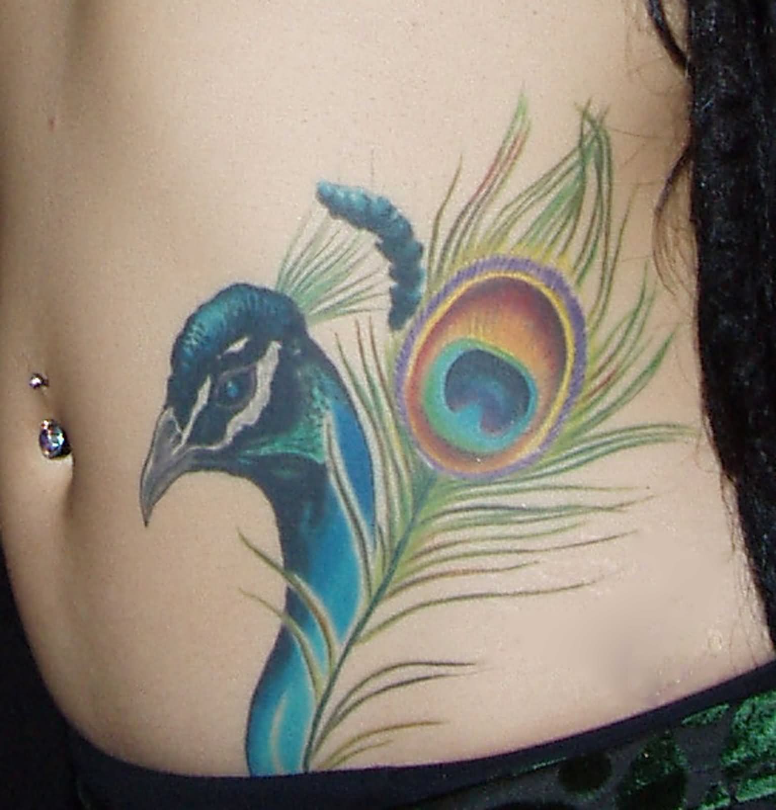 Sexy peacock lower stomach tattoo.