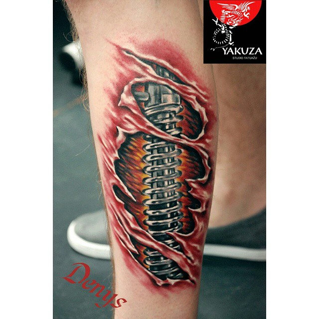 Shock Absorber Tattoo On Leg By Denys
