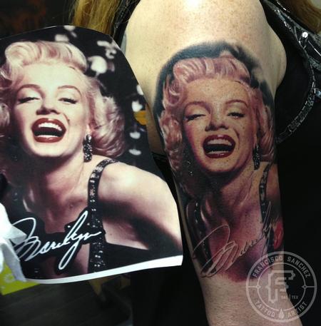 Side by Side Picture of Marilyn Monroe portrait tattoo by Francisco Sanchez