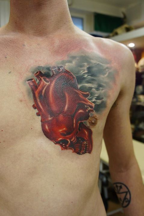 Skull Shaped Heart Tattoo on Chest by Andrey Barkov Grimmy3D