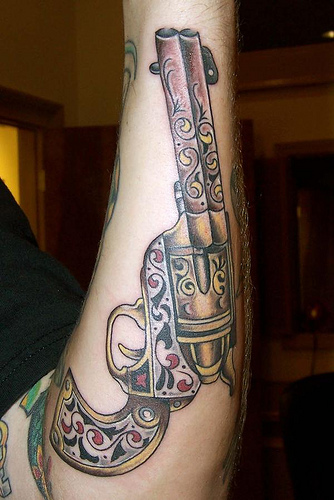 Traditional Pistol Gun tattoo On Forearm