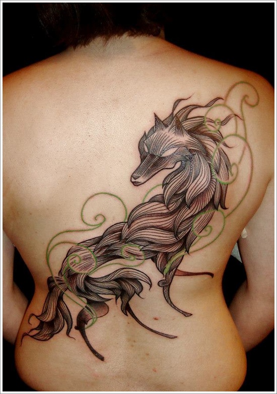 Unique wavy wolf tattoo on back